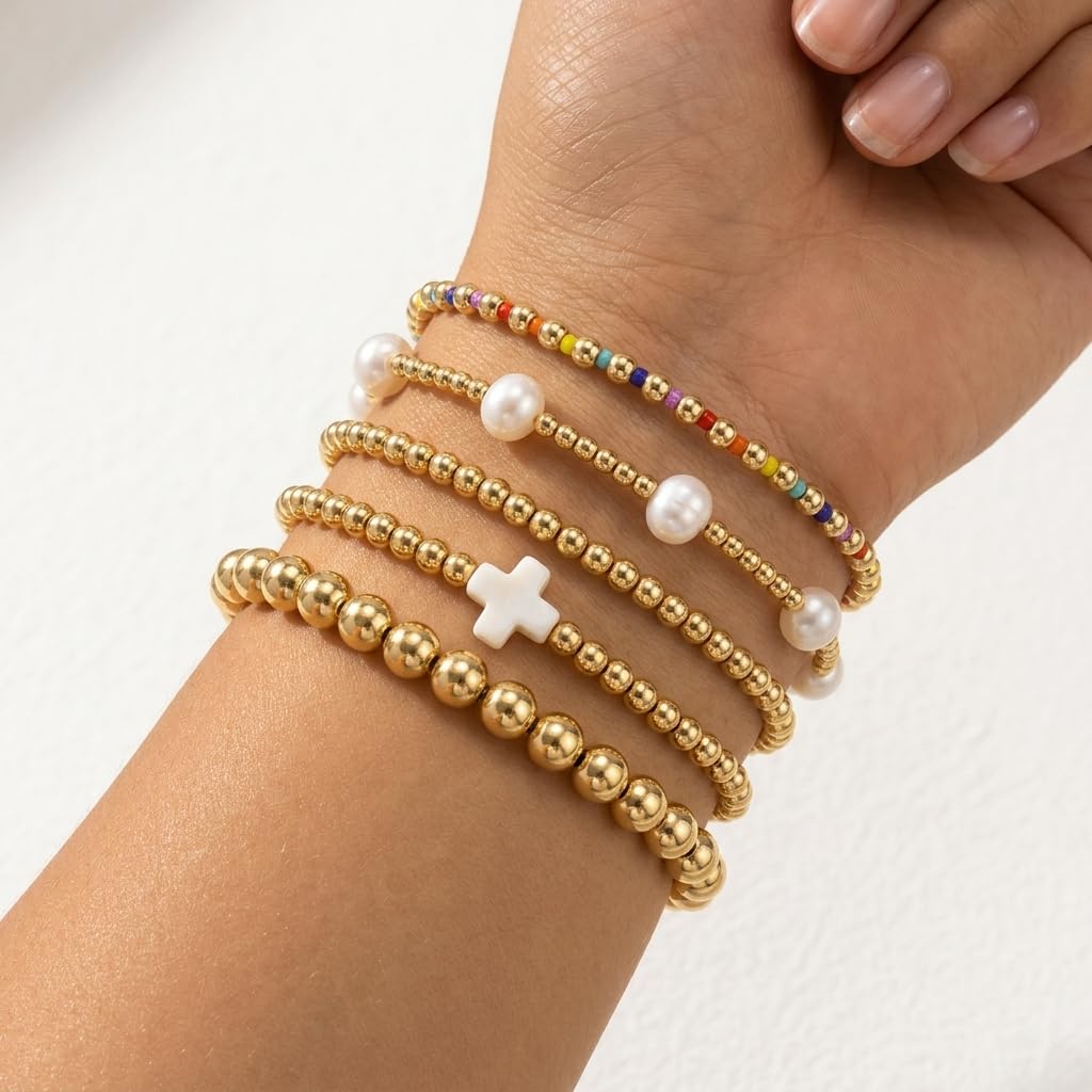 Bohxantium 14K Gold Beaded White Cross Bracelets for Women Dainty Pearl Colorful Seed Beads Stretch Stackable Non Tarnish Bracelet Stack Boho Christian Jewelry Accessories Birthday Prom Friendship Gift