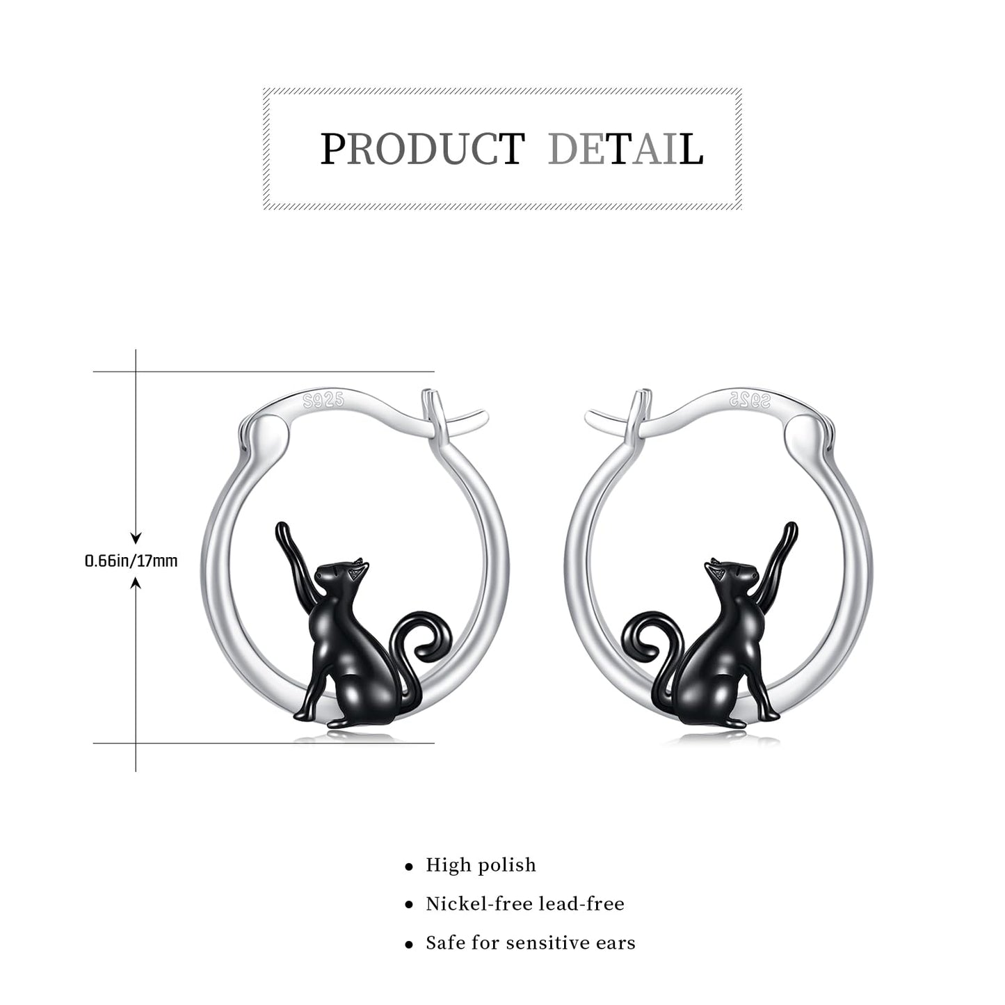 Black Cat Earrings for Women Girls 925 Sterling Silver Hypoallergenic Cute Hoop Earrings for Sensitive Ears Jewelry Graduation Gifts for Cat Lovers