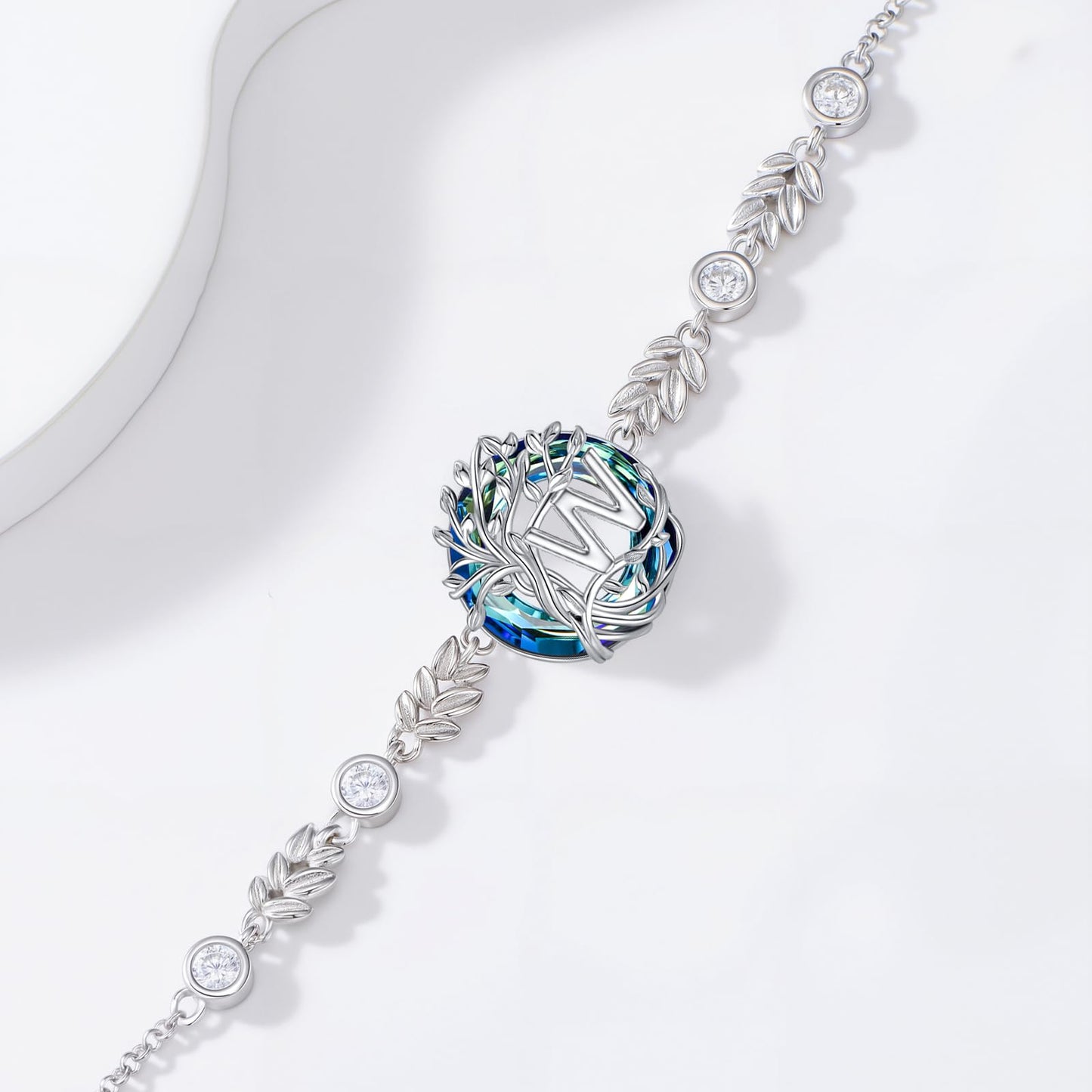 TOUPOP Tree of Life Initial Bracelet Sterling Silver Initials W Letter Link Bracelets Blue Circle Crystal Family Tree Birthday Mothers Day Jewelry Gifts for Women Mom Wife