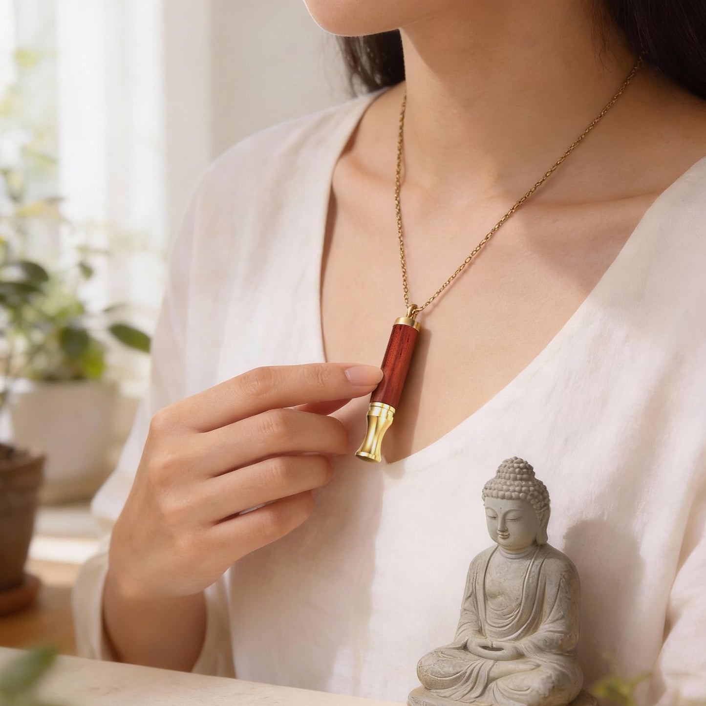 BOLAGTIER Mindful Breathing Necklace: Natural Wood Fidget Charm for Anxiety Relief & Quit Smoking Aid, Stainless Steel Sensory Pendant to Calm Your Mind (Gold)