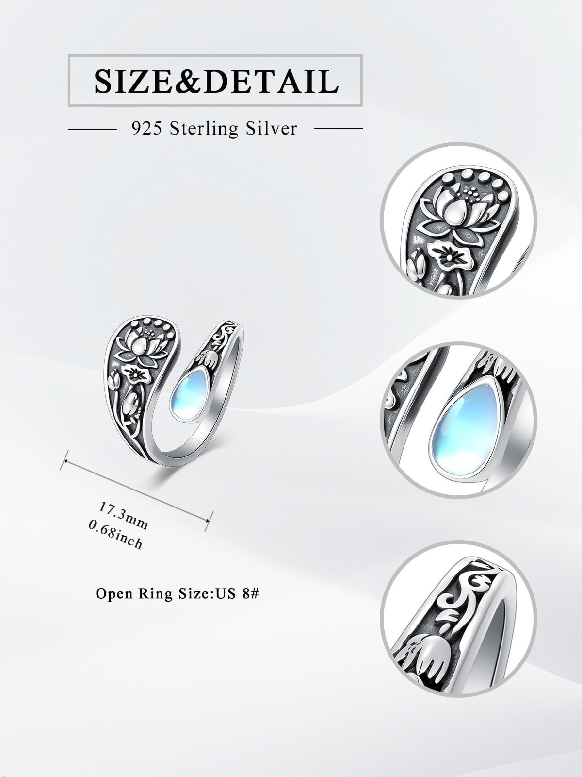 Midari Lotus Moonstone Spoon Rings for Women 925 Sterling Silver Adjustable Open Lotus Flower Finger Thumb Rings Just Breathe Jewelry for Women Yoga Lovers Birthday Christmas Gifts (with Fine Box)