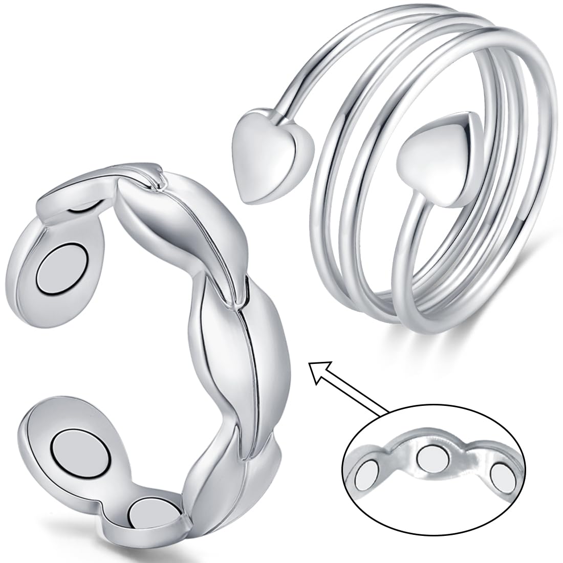 Vicmag Copper Magnetic Ring for Women, Copper Ring Ladies Fingers Thumb Jewelry Gift Adjustable (Love+Leave Silver)