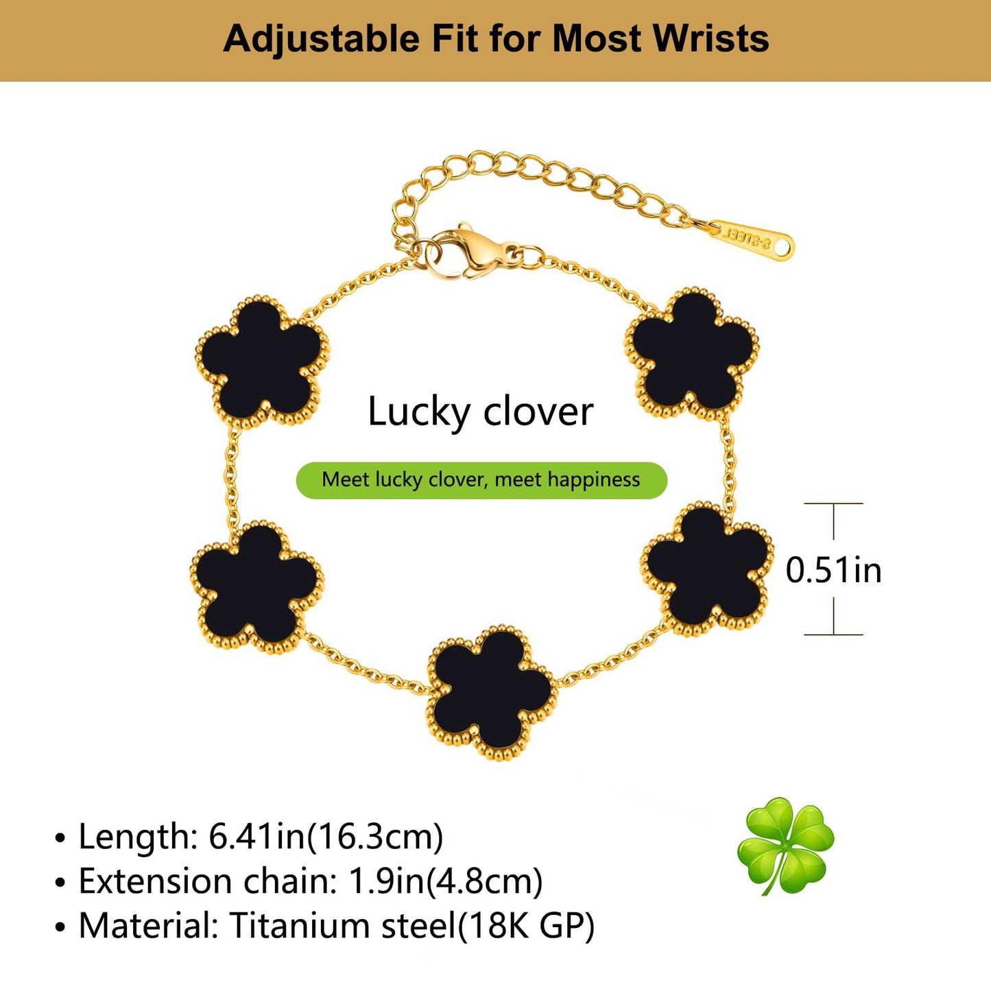 Eclatienne Four Leaf Clover Bracelet for Women – 18K Gold Plated Stainless Steel Lucky Bracelet, Adjustable 4 Leaf Charm Jewelry Gift (Black)