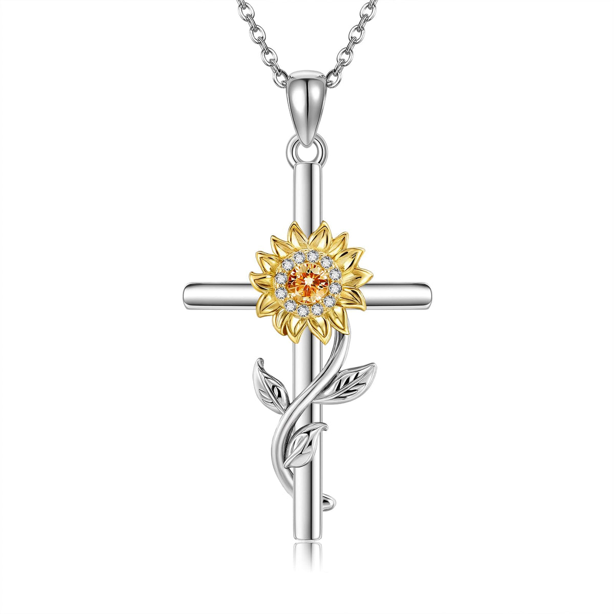 SNOWELLE Cross Sunflower Necklace for Women 925 Sterling Silver Dainty Sunshine Pendant Jewelry Gifts for Women