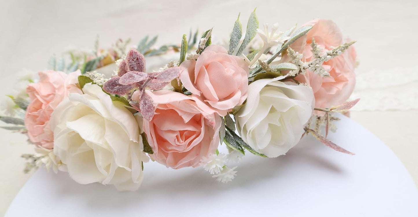 PoshMyra Flower Crown for Girls Wedding Peach Floral Holo Hair Headpiece Bridal Wreath Bridemaid Crown Kids Garland Family Photo Shoots Prop Headband for Women Maternity Wreath for Poppy Dogs