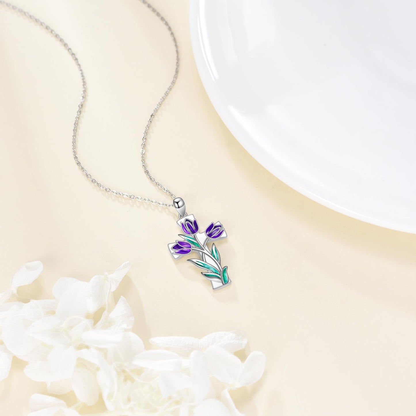 JERWLI Tulips Necklace 925 Sterling Silver Purple Tulips Flower Cross Pendant Necklace Birth Flower Jewelry for Women