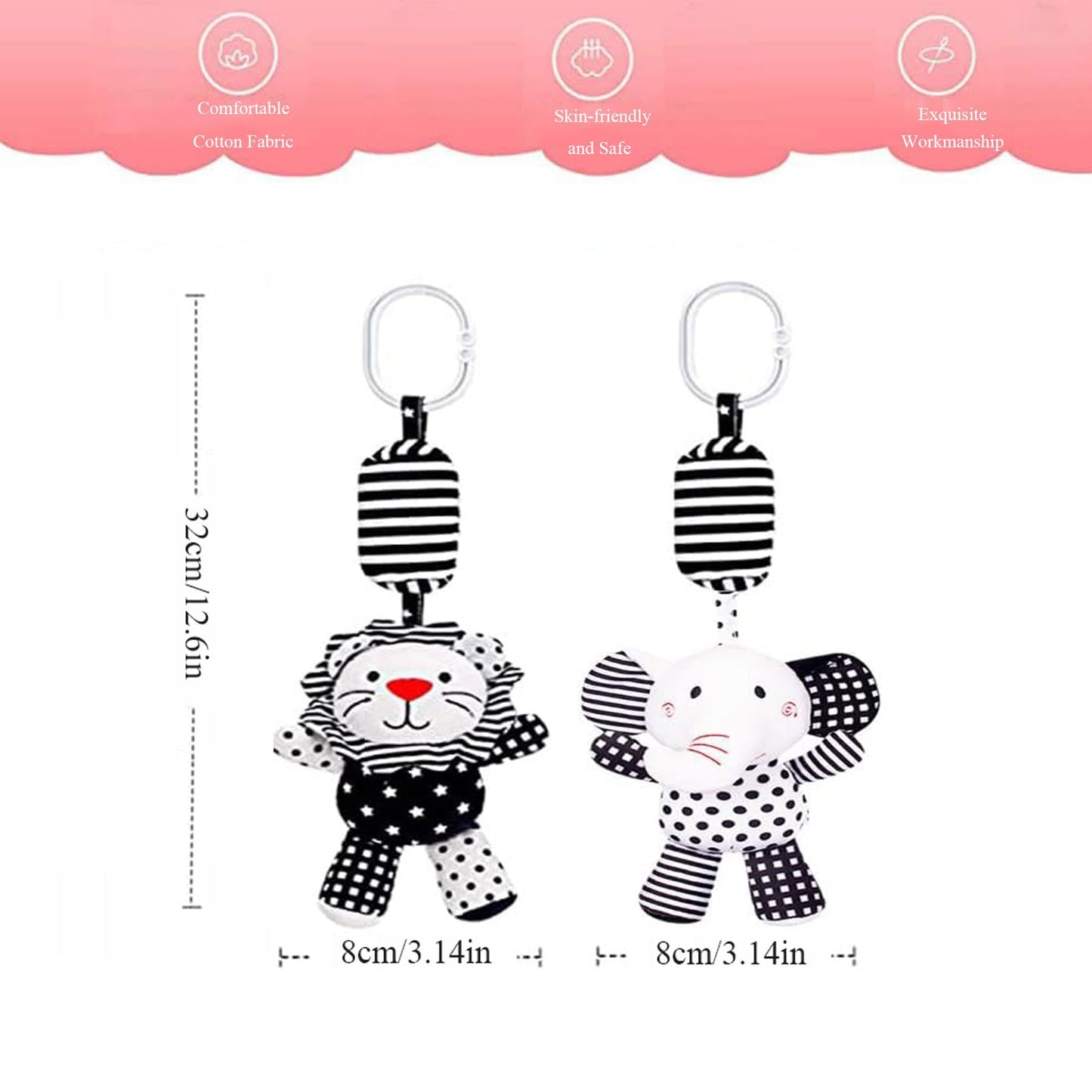 2Pcs Hanging Rattle Toys for Babies, Hanging Baby Toy, Car Seats Stroller Toys with Wind Chime for Newborn 0-36 Months, Clip Hanging Plush Squeeze Toys, Best Birthday Gift for Newborn