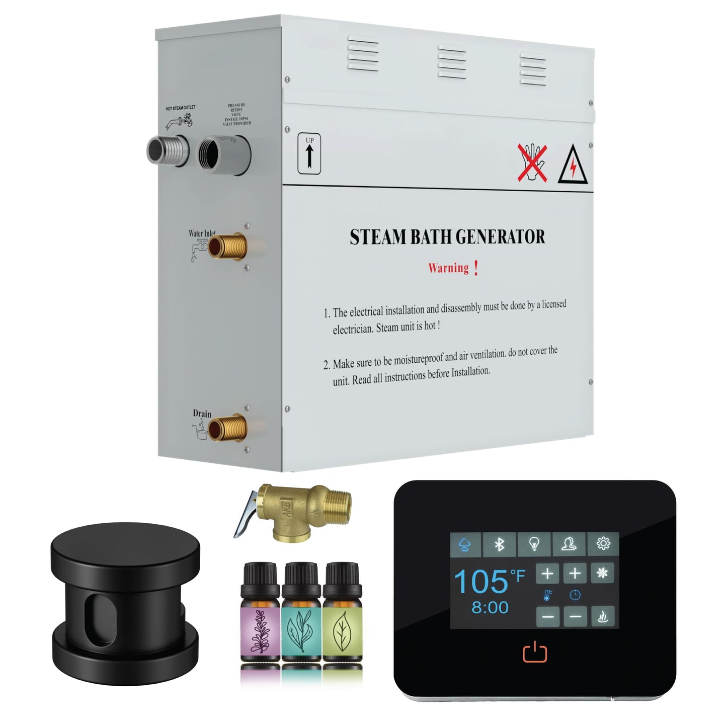 SaunaSpa Builders Series 6kW Steam Bath Generator with Quickstart Continuous Steam, Black Digital Touch Pad, Built-in Auto-Drain, and Aroma Steamhead in Matte Black