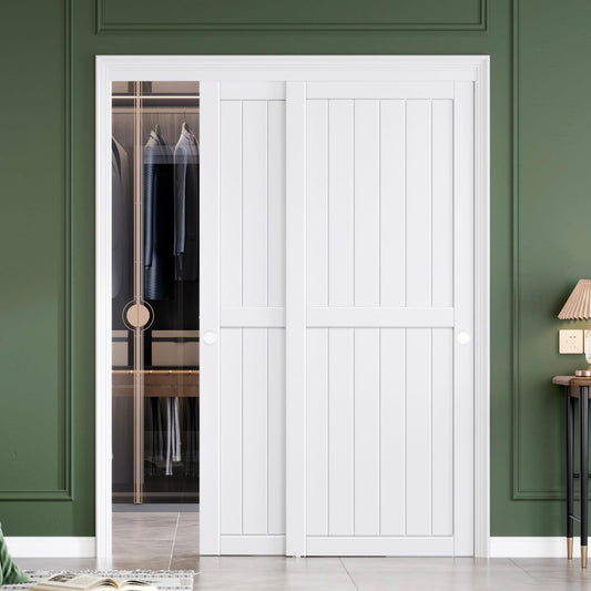 FREDBECK Sliding Closet Doors 60x80(Double 31inch),Bypass Barn Door with Hardware,for Bedroom,White,H Frame,Assemble Required