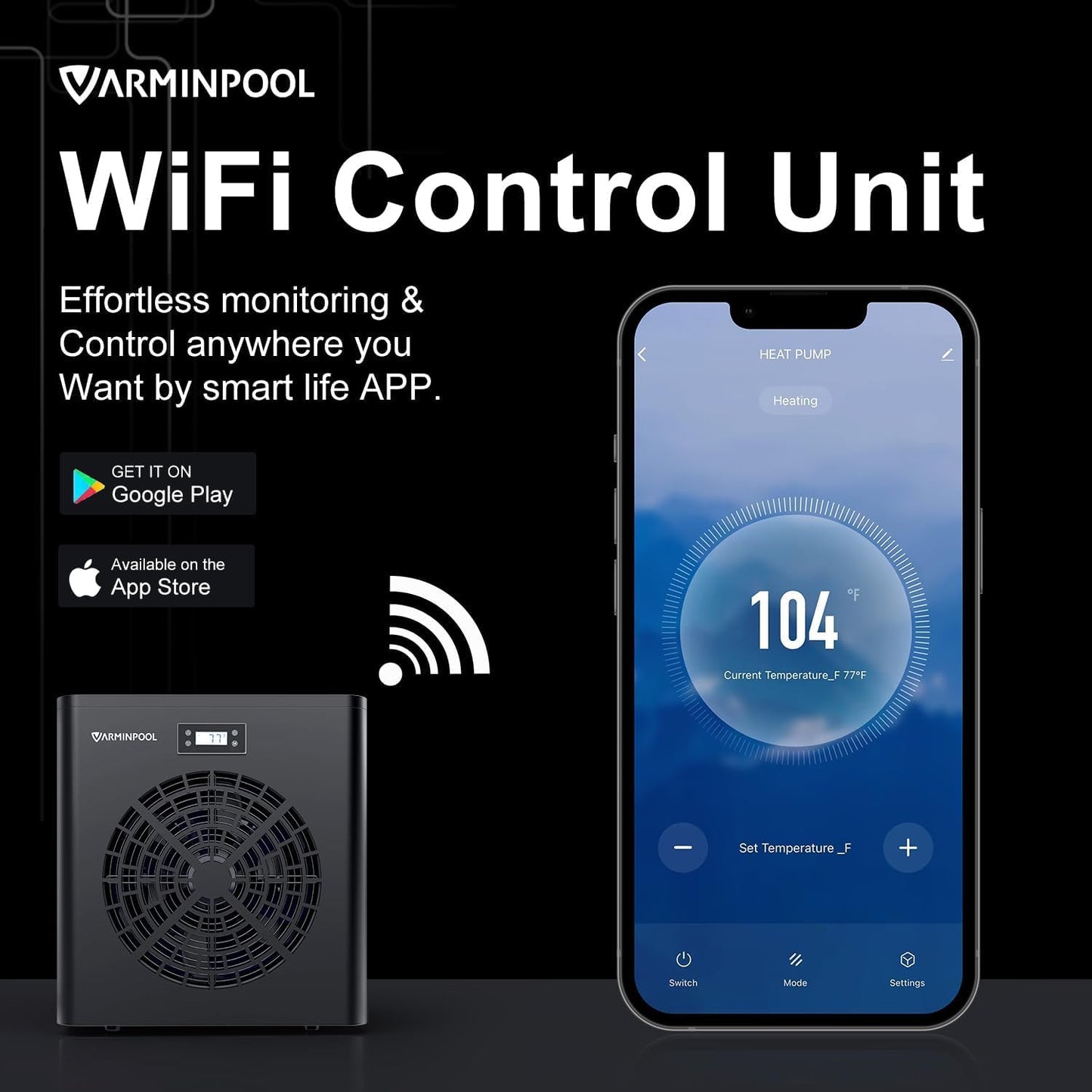 VARMINPOOL 16000BTU Above Ground Pool Heat Pump, Pool Heater for 5400 Gallons, WiFi Smart Control, Titanium Heat Exchanger, 110V Efficient Heating