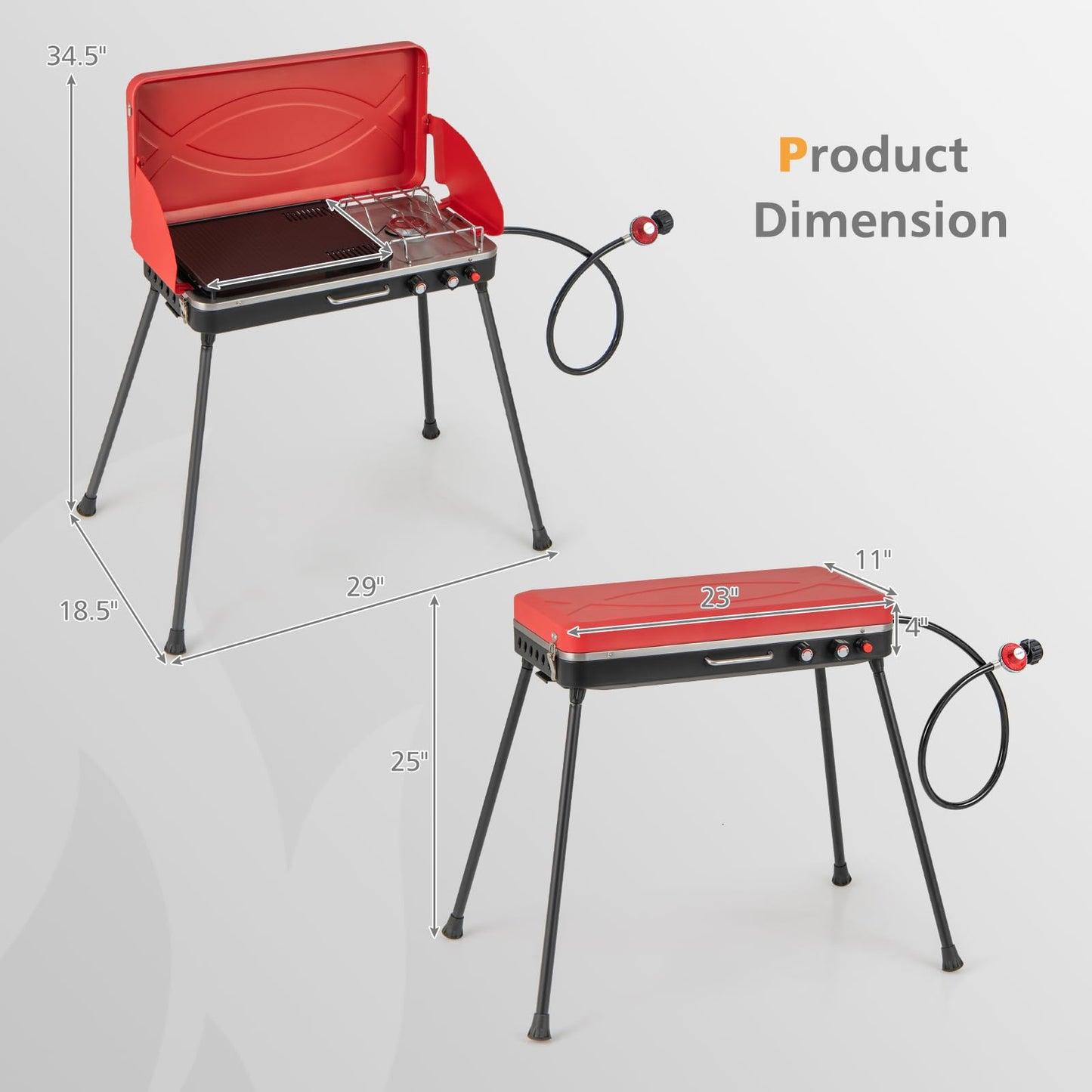Moccha 2-Burner Propane Camping Stove - Portable Camp Grill w/Dual Control Knobs, Detachable Legs, 3-Sided Wind Screen, 20,000 Total BTUs of Power, Outdoor Grill Stove for Tailgating BBQ Picnic (Red)