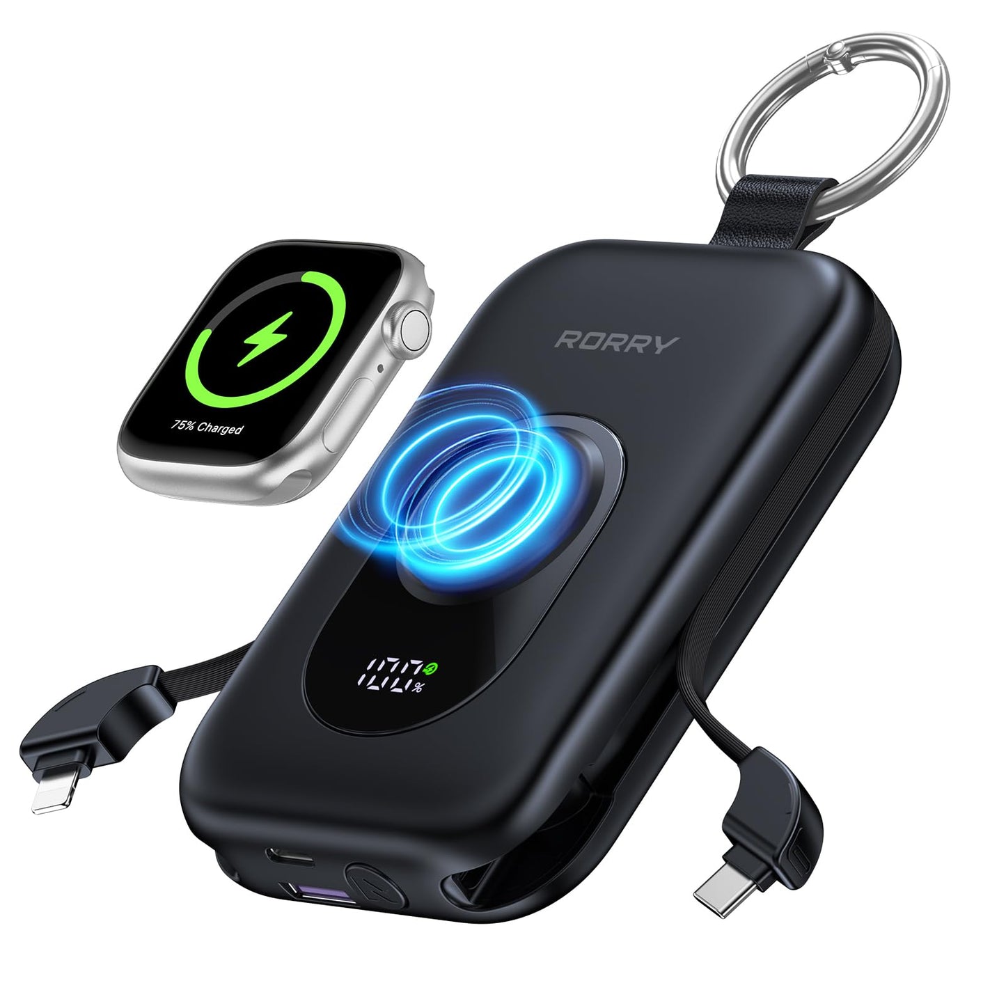 RORRY Portable Charger, 20000mAh PD 30W Portable Charger Power Bank with 2 Built-in Cables, Super Fast Charging Battery Pack with Keychain, Travel Essentials for iPhone, Apple Watch, iPad, Black