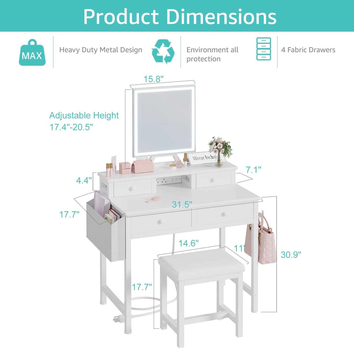 KAI-ROAD White Makeup Vanity Desk with Mirror and Lights, Vanity Set with Chair, Make Up Dresser Table with Drawers and Power Outlet for Girls Bedroom Small Space