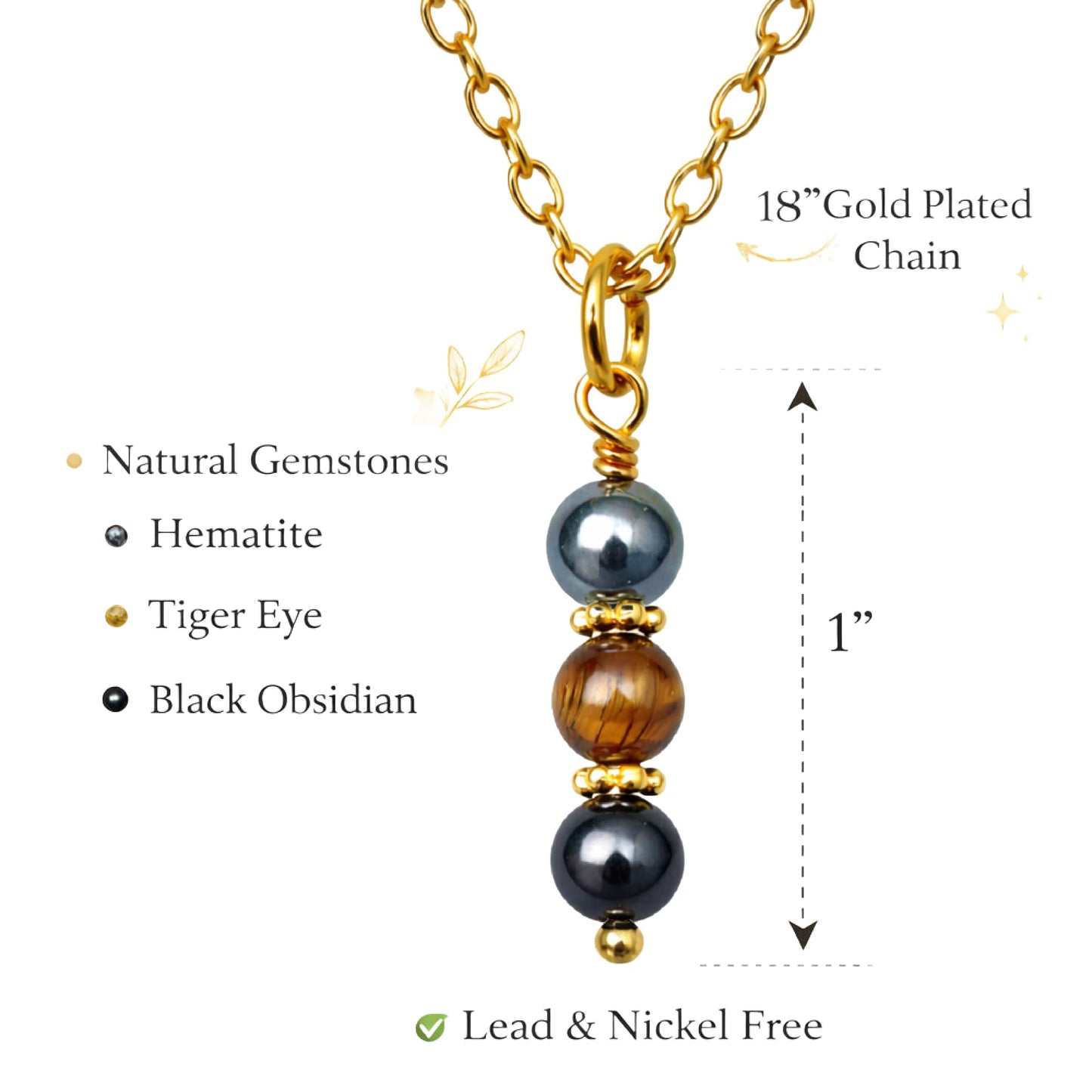 EnCharmed Gold Tone Triple Protection Necklace, Handmade Healing Jewelry for Luck Prosperity Happiness, Natural Hematite Tiger Eye and Black Obsidian Pendant, Spiritual Gift for Men or Women