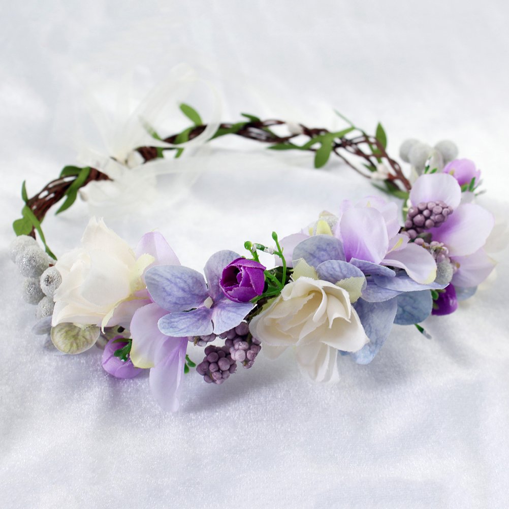 Vivivalue Floral Crown Headband Flower Headpiece Hair Wreath Floral Halo Boho with Ribbon Wedding Party Photos Prom Lavander