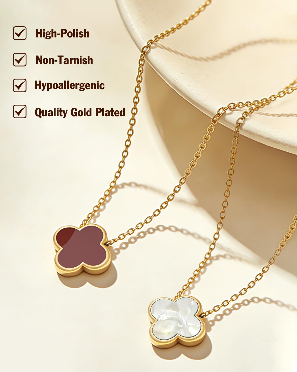 Aimétte Monette 18K Gold Plated Necklaces for Women, Dainty Lucky Four Leaf Clover Gold Necklace Set 2 Side Clover Charm Necklace, Fashion Jewelry Gifts for Women Red and White