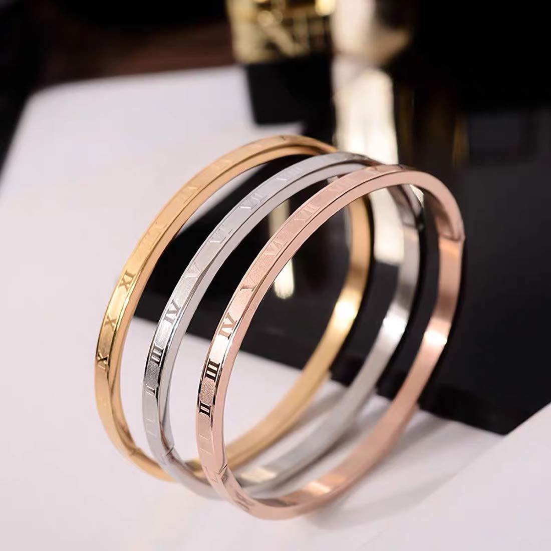 Jarlinwel Gold Silver Plated Bracelets for Men Women Roman Numeral Bangle Bracelet Stainless Steel Personalized Engraved Unisex Gift (Silver 4mm Womens)