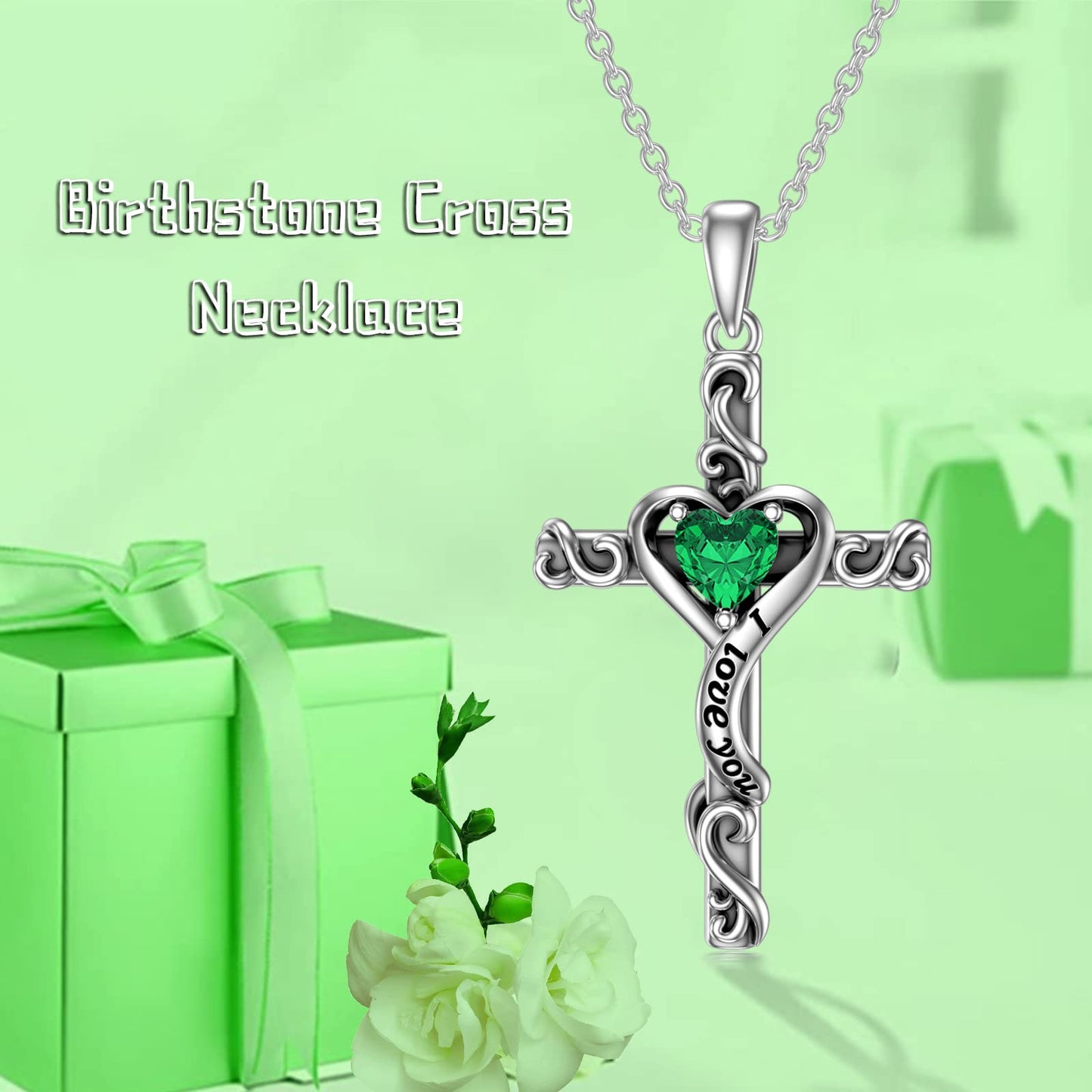 TOUPOP Emerald Cross Necklace for Women Sterling Silver May Birthstone Cross Pendant Necklace Heart Love Jewelry for Her Girlfriend Wife Mom Anniversary Birthday Mothers Day Gifts