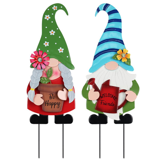 YEAHOME Garden Decor for Outside, Set of 2 Metal Gnomes 27.6” Decorative Garden Stakes with Flowers for Spring Decor, Yard Art Stakes for Outdoor Lawn Backyard Porch Garden Decorations