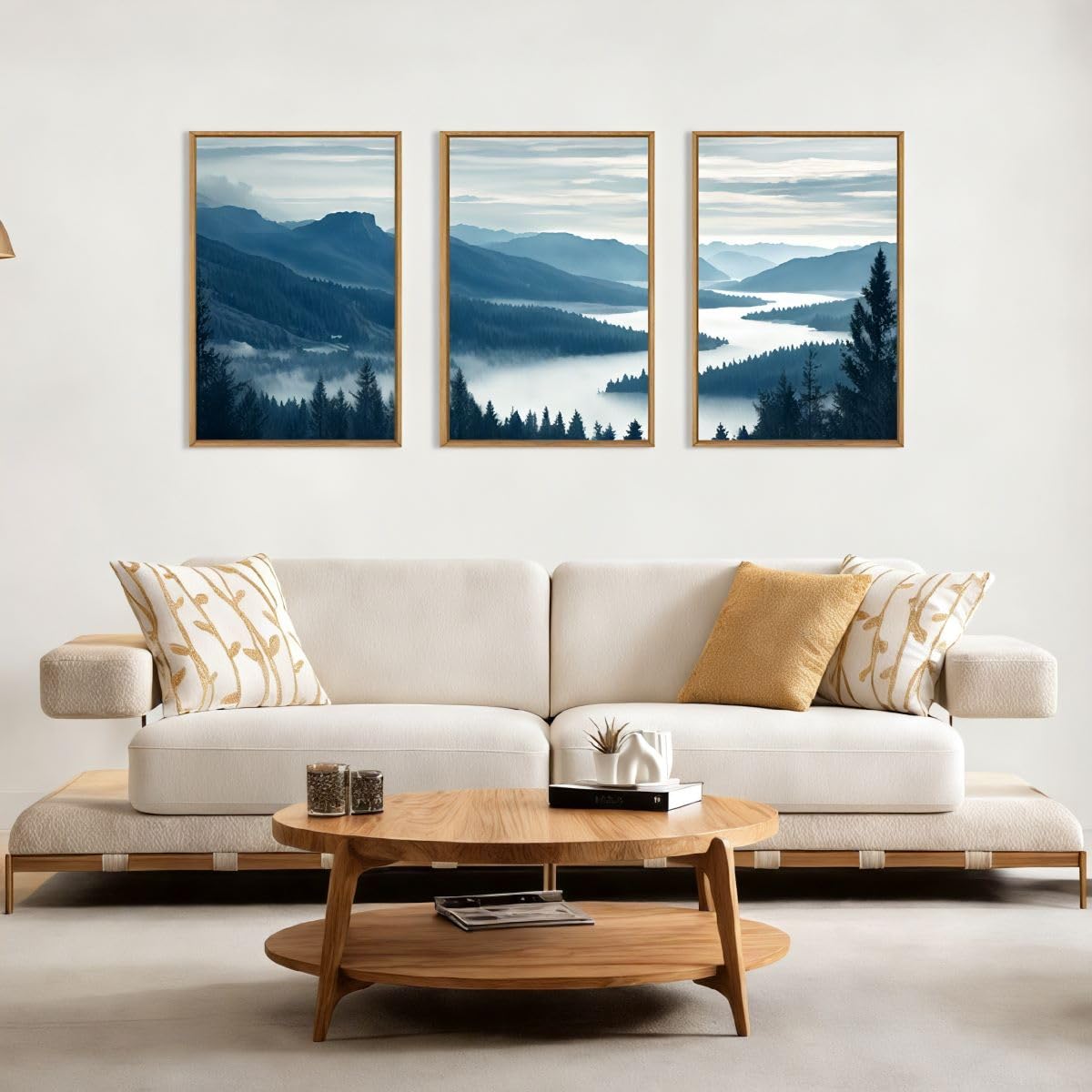 Aurlan Large Pine Tree Mountain River Framed Canvas Wall Art Set,Misty Blue Grey Forest Landscape Wall Decor,Modern Foggy Woodland Lake Artwork for Living Room,Bedroom,office-24 x36 x3