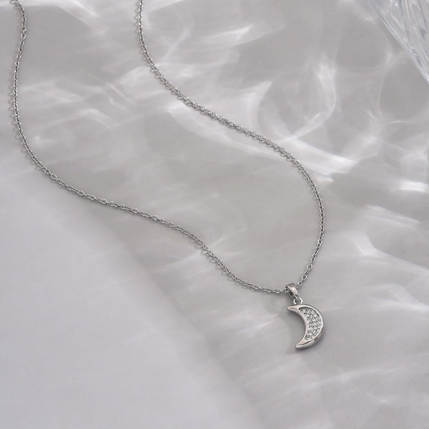 NONAMOIS White Gold CZ Diamond Moon Pendant Necklace for Women Dainty Stainless Steel Crescent Moon Choker Necklace Trendy Non Tarnish Jewelry