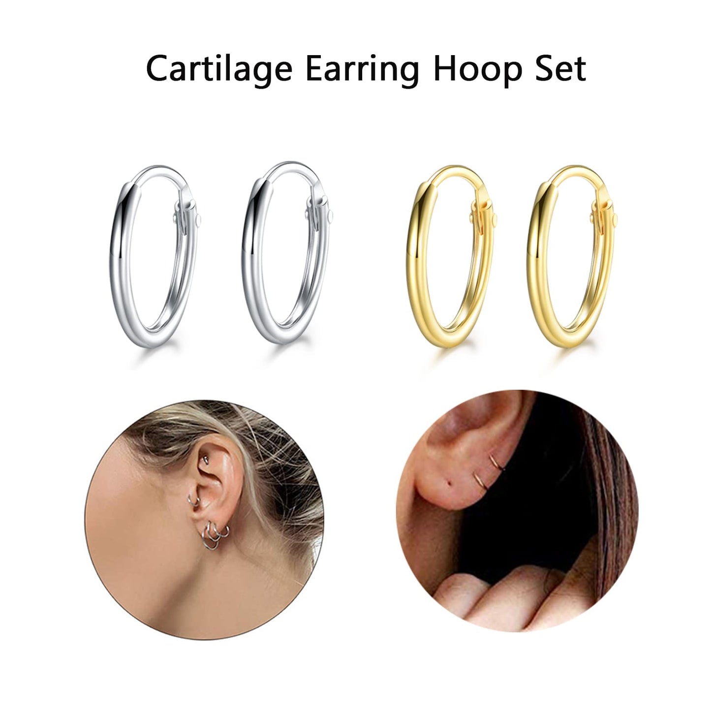 EPIRORA Silver Hoop Earrings- Cartilage Earring Small Hoop Earrings for Women Men,4 Pairs of Hypoallergenic 925 Sterling Silver Tragus Earrings (8mm*4, Silver&Gold)