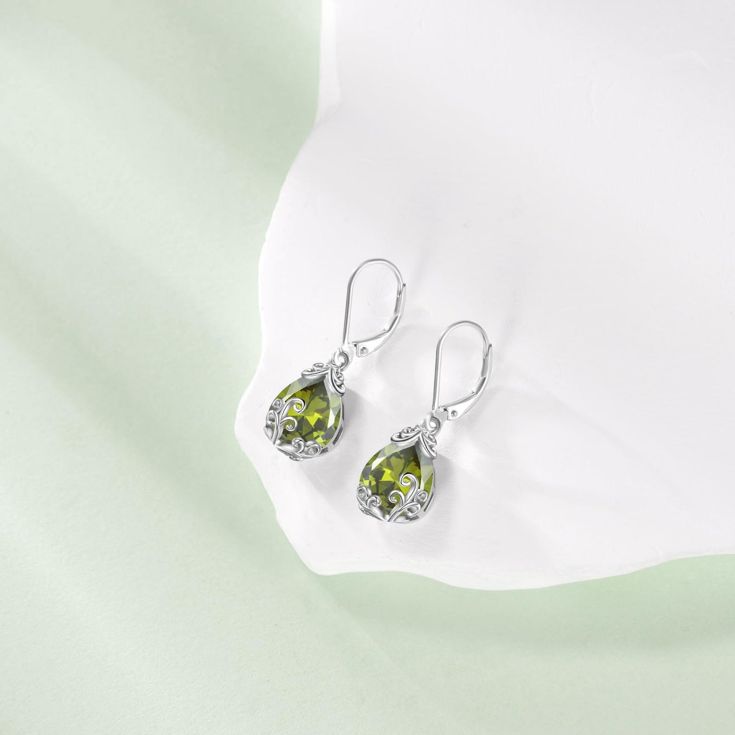POPLYKE BirthStone Filigree Teardrop Drop Dangle Earrings Sterling Silver Peridot Leverback Earrings August Birthstone Jewelry Gifts for Women