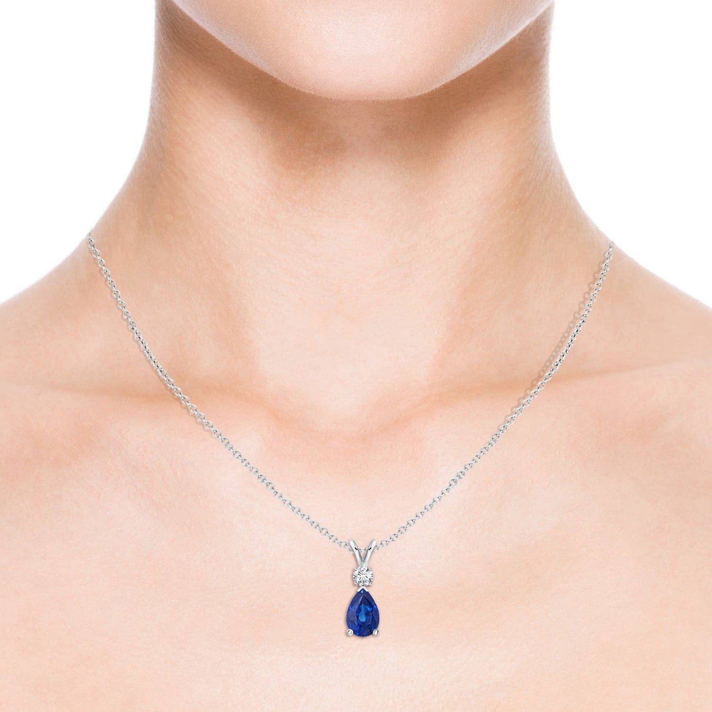 Angara Natural Blue Sapphire Solitaire Pendant for Women | Prong-Set Blue Sapphire Teardrop V-Bale Pendant with Diamond in Sterling Silver | September Birthday, Gemstone Jewelry Gift | AAA | 6x4mm