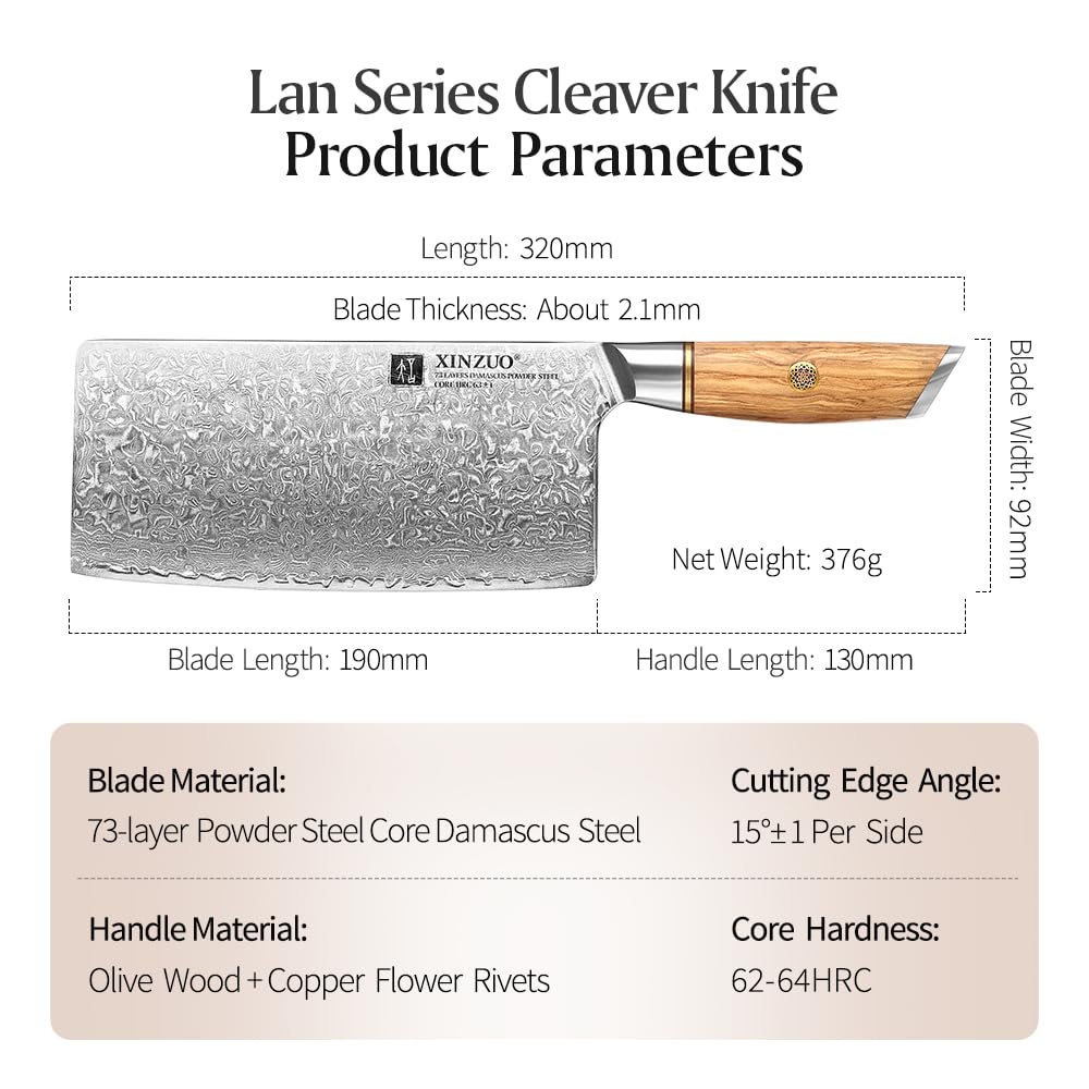 XINZUO Cleaver Knife 7.5 Inch, 73 Layer Damascus Steel Powder Steel Core Chinese Chef's Knife, Multifunction Vegetable Meat Slicing Knife with Olive Wood Handle -Lan Series