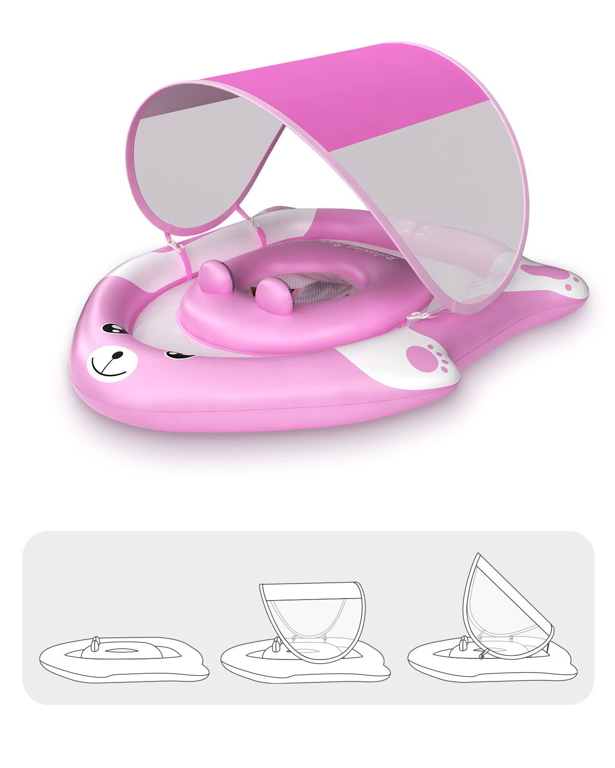 Relaxing Baby - Pool Float with Adjustable Seat Pocket,Baby Swimming Float with Canopy of UPF 50+ UV Protection, Super Safety Bear-Shaped Baby Floats for 6-36 Months,Pink Bear