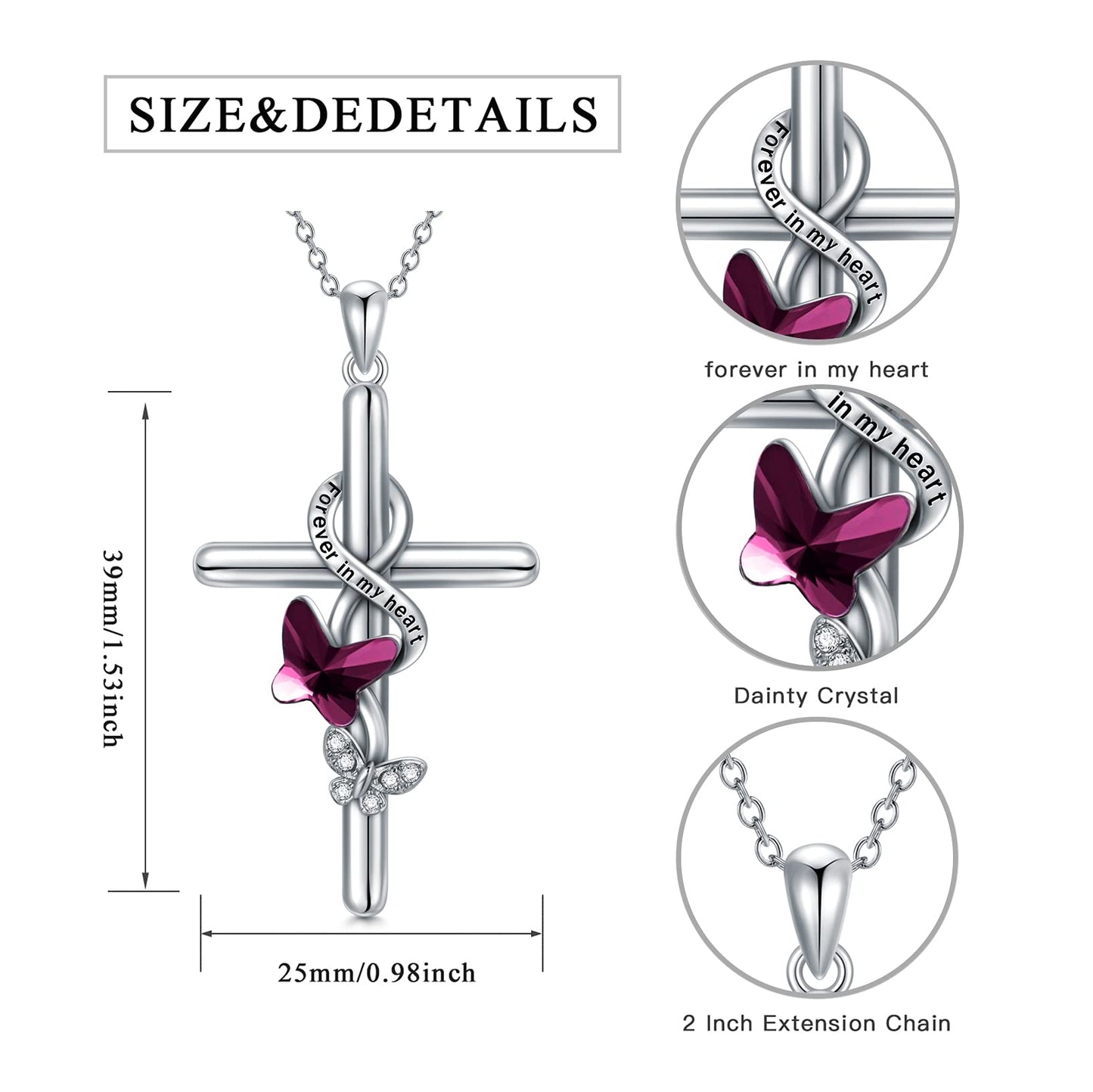 Flpruy Butterfly Cross Necklace 925 Sterling Silver for Women Forever in My Heart Crystal Butterfly Cross Necklace