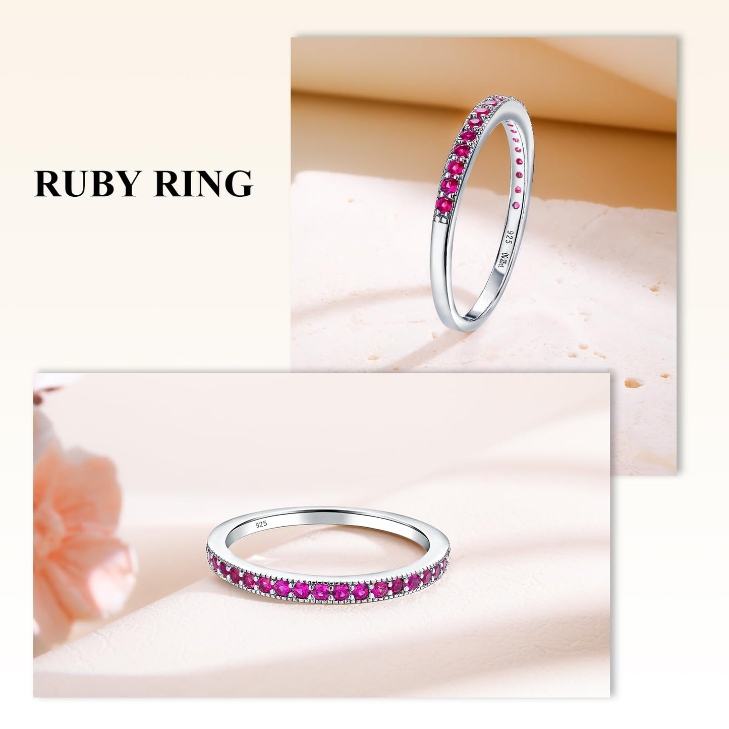 AGRULE Bezel Set 5A Cubic Zirconia Rings 14k White Gold Plated Sterling Silver Dainty 1.7mm Wide Wedding Band 0.4 Cttw Ruby Birthstone Ring for Men Women, Size 6