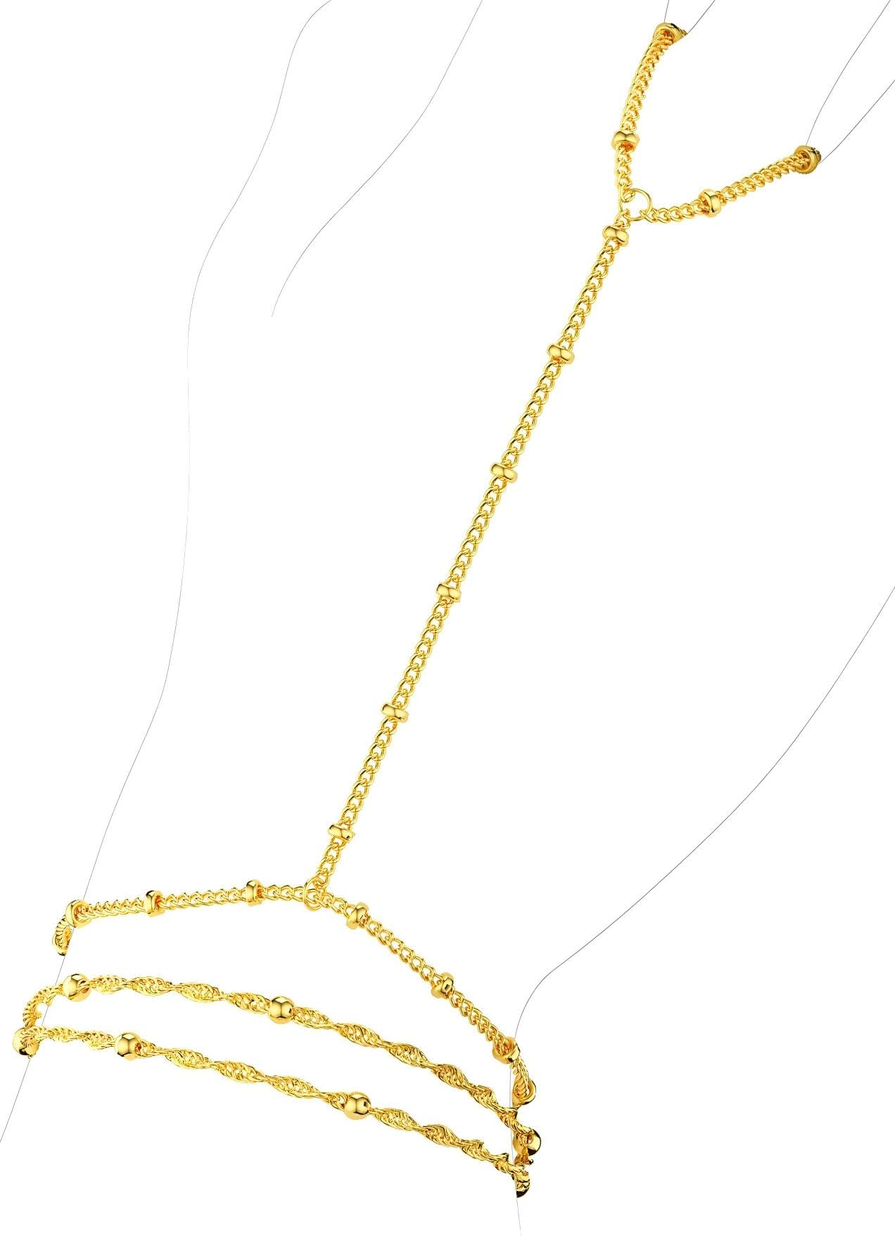 2PCS Gold Hand Chain Finger Bracelet for Women, 14K Gold Plated Satellite Bead Slave Bracelet, Waterproof Boho Hand Harness Jewelry for Summer Beach & Party, Tarnish Resistant, Adjustable Gift for Her