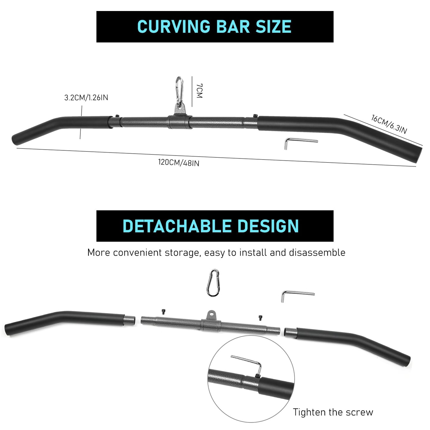 LAT Pull Down Bar, Detachable LAT Pulldown Attachment with Swivel Joint Wide Grip LAT Pulldown Bar for Cable Machine Home Gym Accessories, Muscle Training (48 Inch)