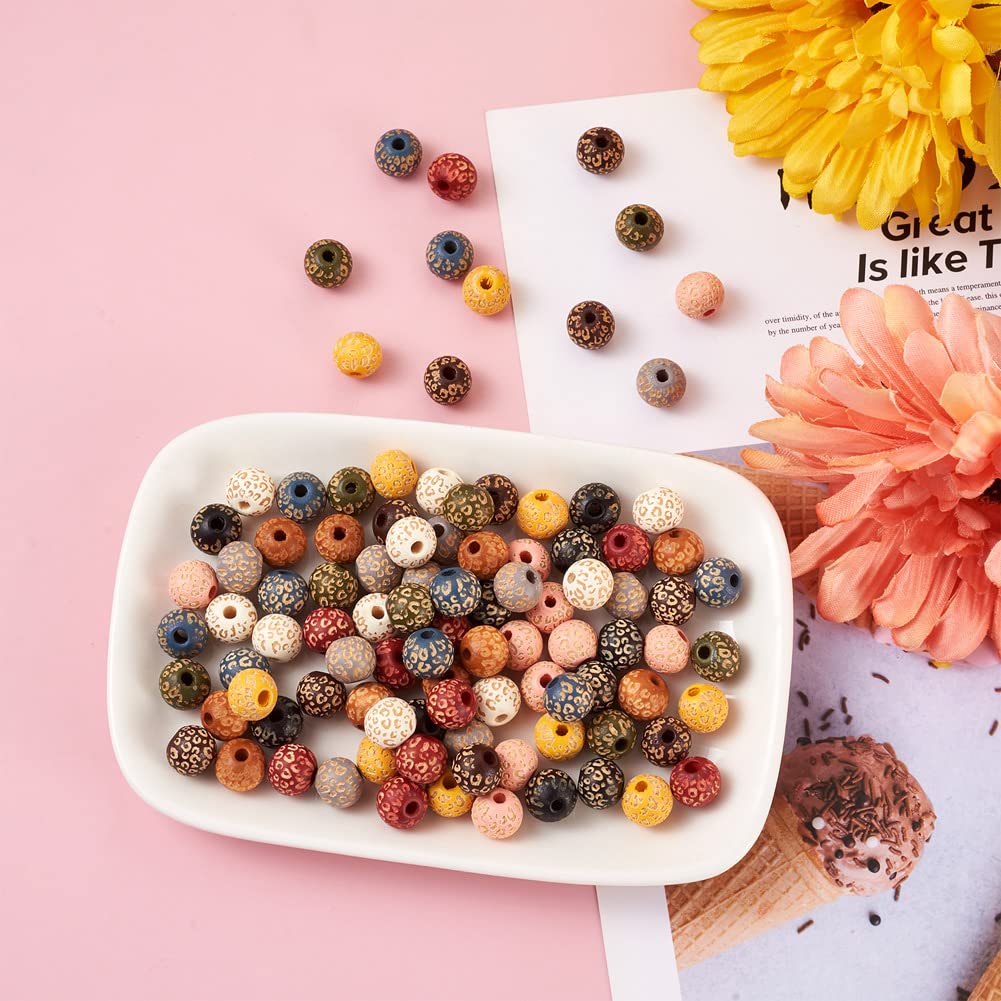 KISSITTY 100pcs/box Painted Wooden Beads for Crafts Natural Wood Beads Leopard Print Beads 10 Colors for DIY Bracelet Necklace Earrings Jewelry Making About 10mm in Diameter