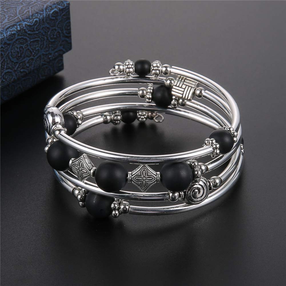 Beaded Pearl Bangle Wrap Bracelet - Fashion Bohemian Jewelry Multilayer Charm Bracelet with Thick Silver Metal Beads, Gift For Women(Matte Black)