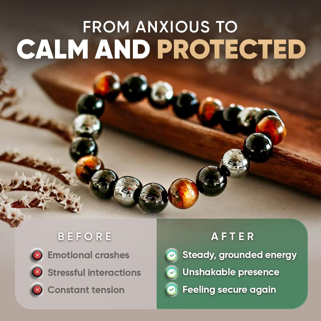 Conscious Items Triple Protection Bracelet, Tigers Eye, Hematite Stone, & Black Obsidian Bracelet, Spiritual Stone Bracelets for Women & Men, 7.87 in