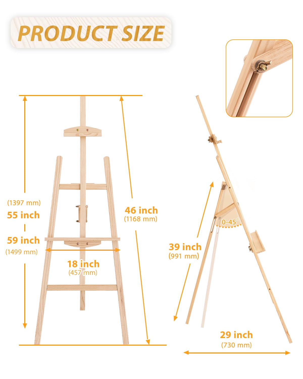 Foldable & Adjustable Art Easel Stand, Wooden Easel Art Easel for Painting Adult Artist Easel Stand for Painting Easle Floor Standing,Wood Easel Stand for Display Canvas Home Studio Classroom,Natural