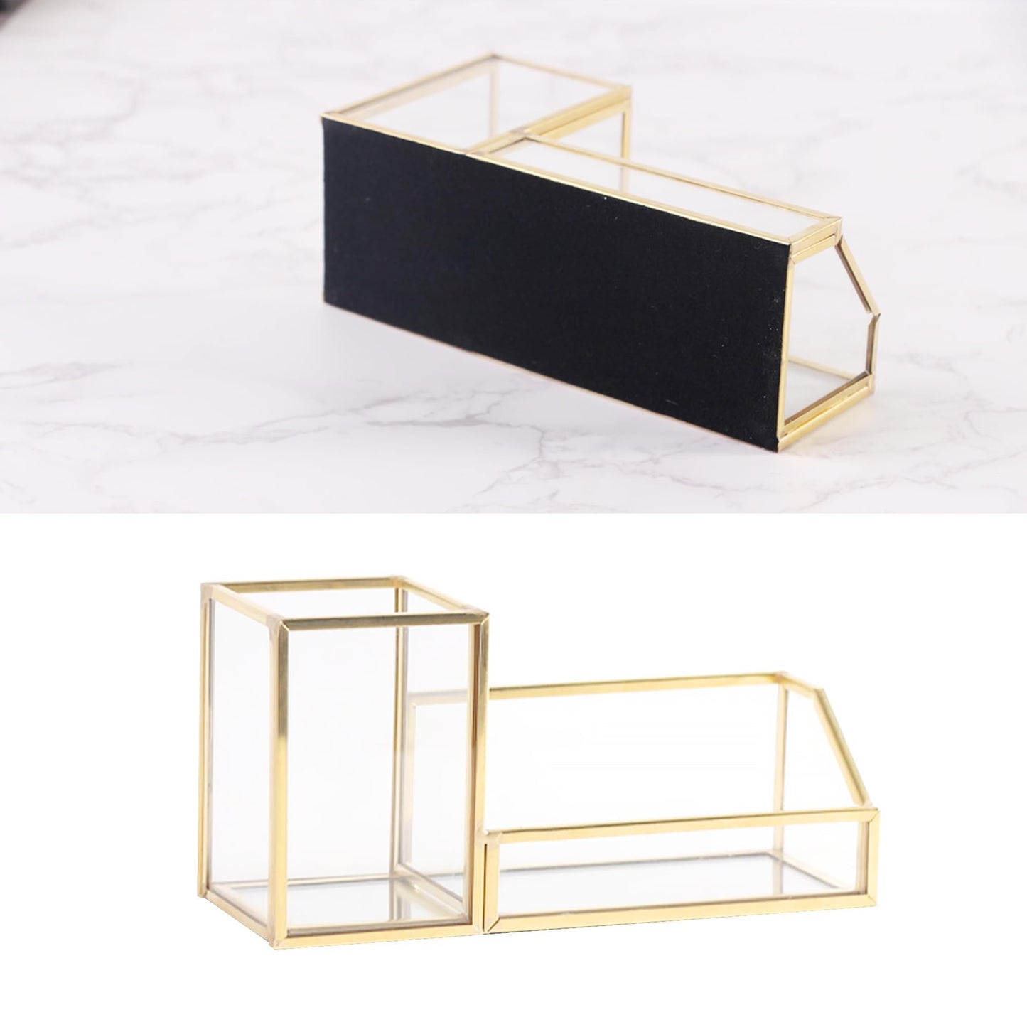 Feyarl Gold Glass Business Card Holder Pen Pencil Holder Desktop Business Name Card Office Accessory Display Stand Organizer Case for Office Desktop Meeting Countertop