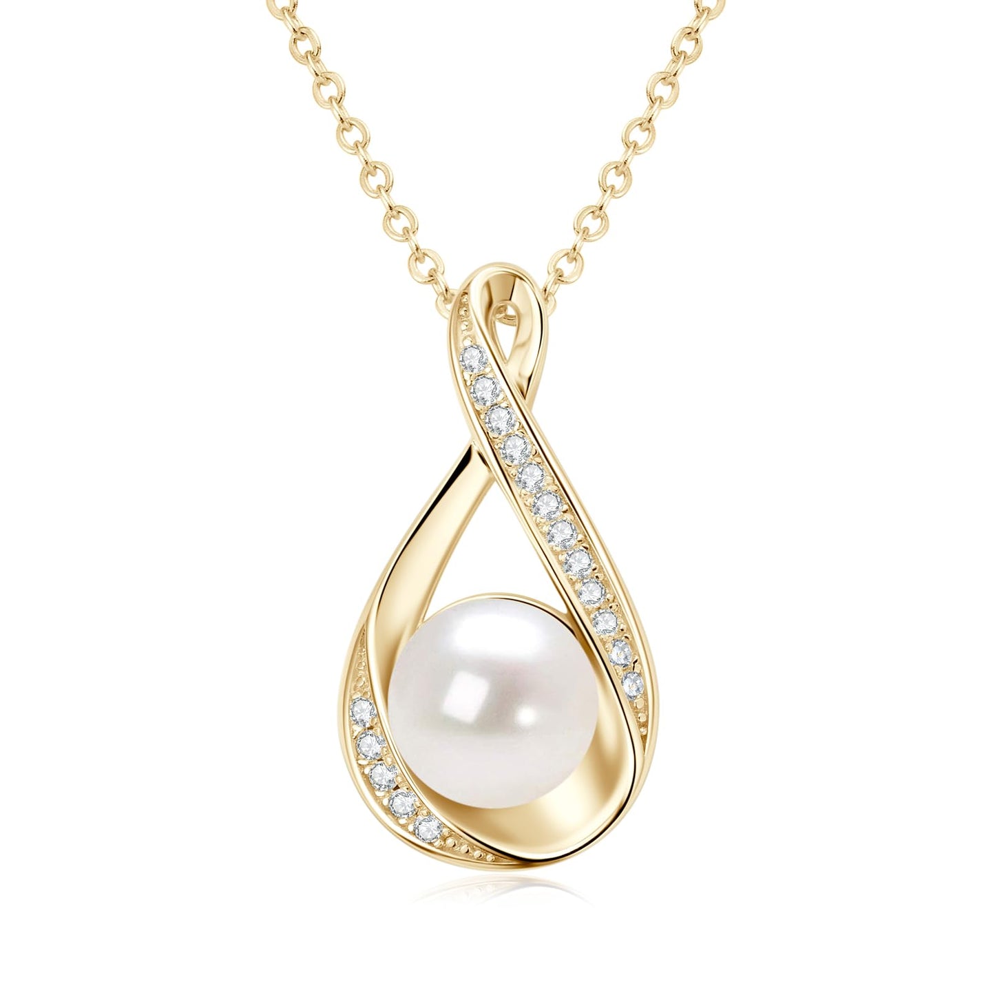 Pearl Necklace for Women, Freshwater Cultured Dainty Gold Plated Single Pearl Pendant Necklace with Moissanite Wedding Jewelry Gift for Bride Bridesmaid (8mm)