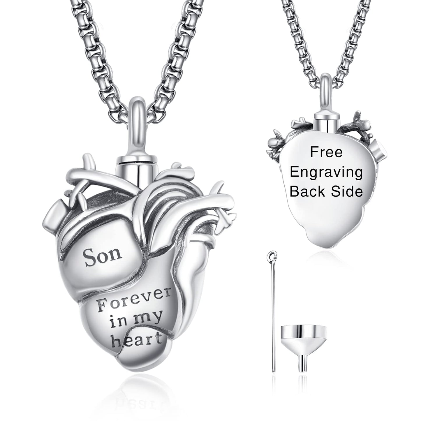Personalized Anatomical Heart Urn Necklaces for Ashes Sterling Silver Ash Pendants Cremation Jewelry Son Keepsake Pendant Memorial Jewelry Gifts for Loss of Son
