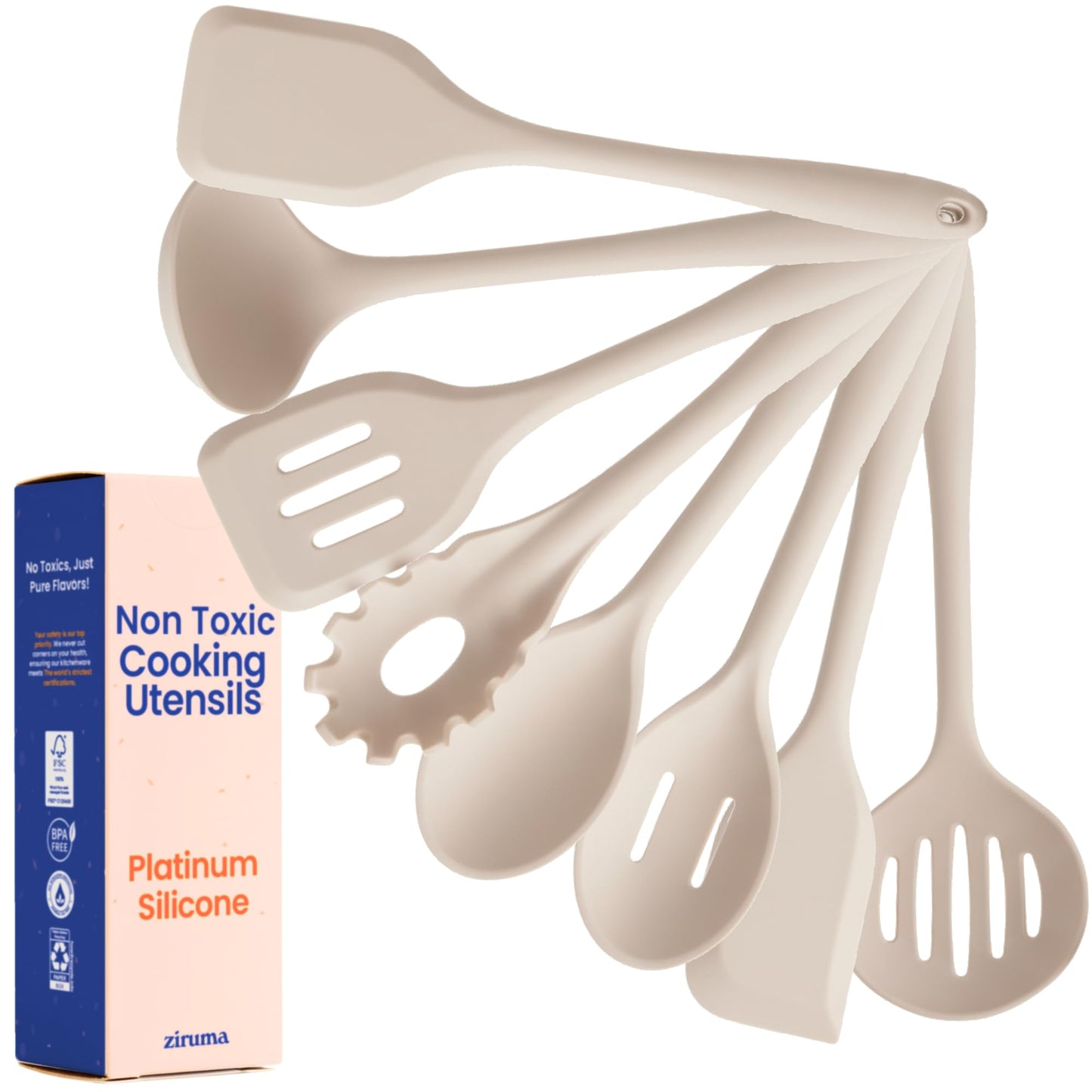 Non-Toxic Platinum Silicone Kitchen Utensil Set of 8 – Non-Scratch Cooking Spoons & Spatulas, 100% Plastic Free, Stainless Steel Core, Heat Resistant 500°F, Beige