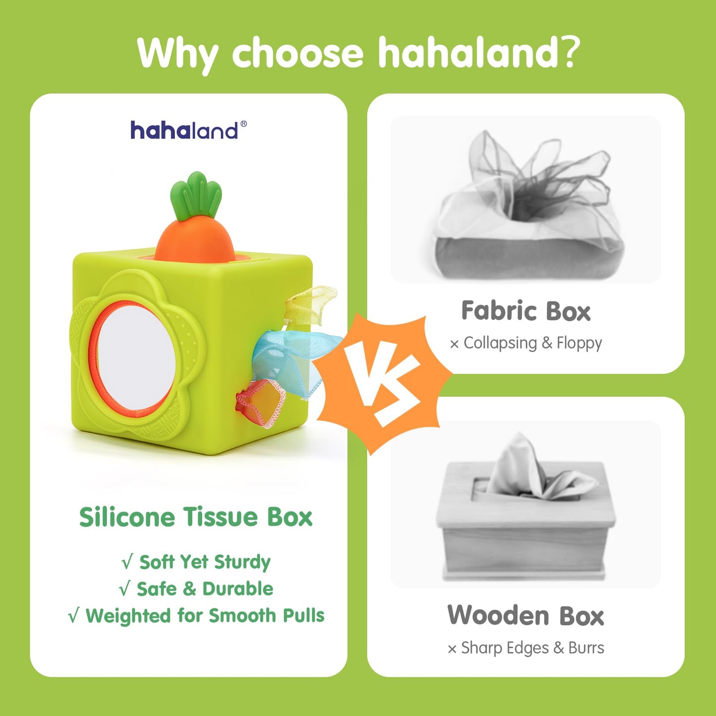 hahaland Silicone Baby Tissue Box Toy - Baby Toys 6-12 Months Montessori Toys for 6 Month Old Babies, 6-in-1 Soft Busy Activity Cube with Scarves, Crinkle, Textures, Mirror, Sensory Popper 9 Month Old