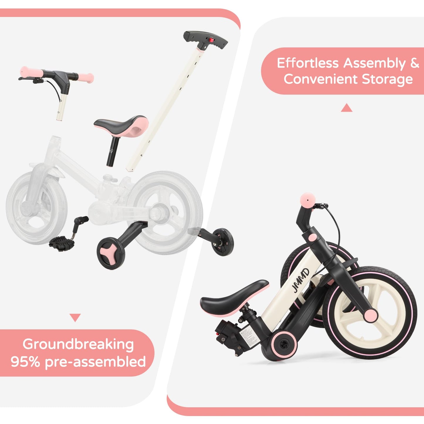 JMMD 6 in 1 Toddler Bike with Push Handle for Kids 18-60 Months, 12" Foldable Balance Bike with Training Wheels, Pedals, Brakes, Kickstand, Push Tricycle Toddler Gift & Toys for Boy & Girl