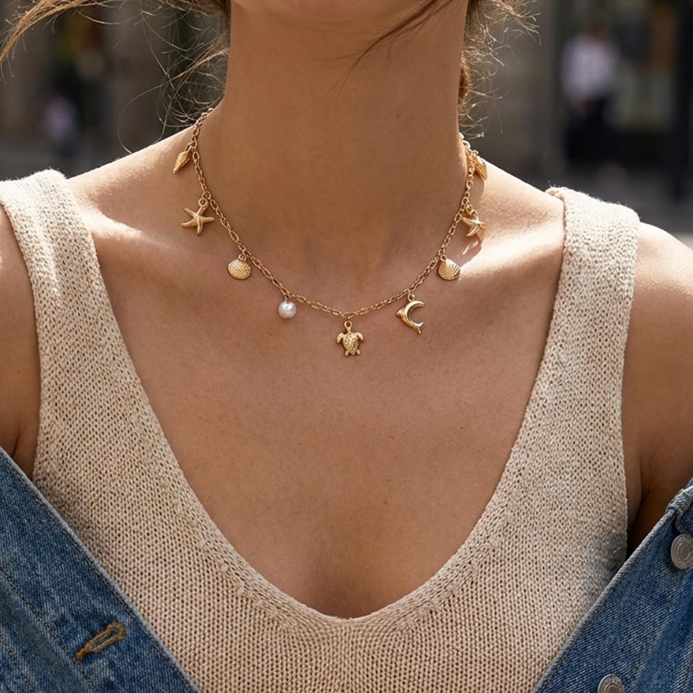 Gold Shell Conch Star Pearl Pendant Necklace, Delicate Starfish Fish Shells Beach Necklaces for Women Trendy Beachy Hawaii Holiday Party Jewelry Gift (Gold)