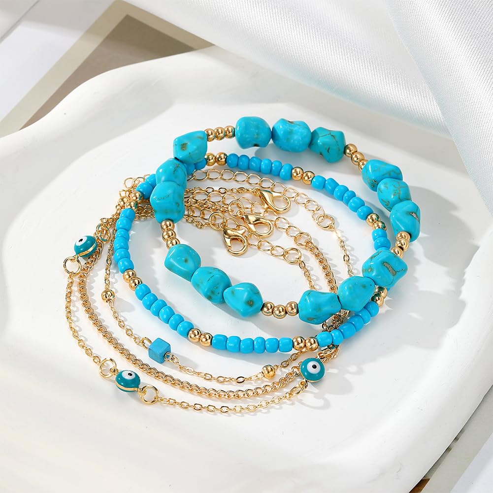 CIWEAI Gold Turquoise Beaded Western Jewelry for Women Fashion Stackable Irregular Turquoise Bead Bracelets Elastic Stack Evil Eyes Bracelet Boho Accessories (AA)