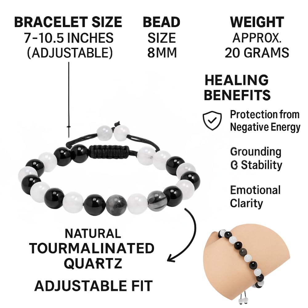 ANAYA AGATE Healing Crystal Bracelet – Chic Gemstone Bracelet for Men and Women – 8mm Round Bead Bracelets for Spiritual Healing, Protection, Positive Energy - Black Rutile