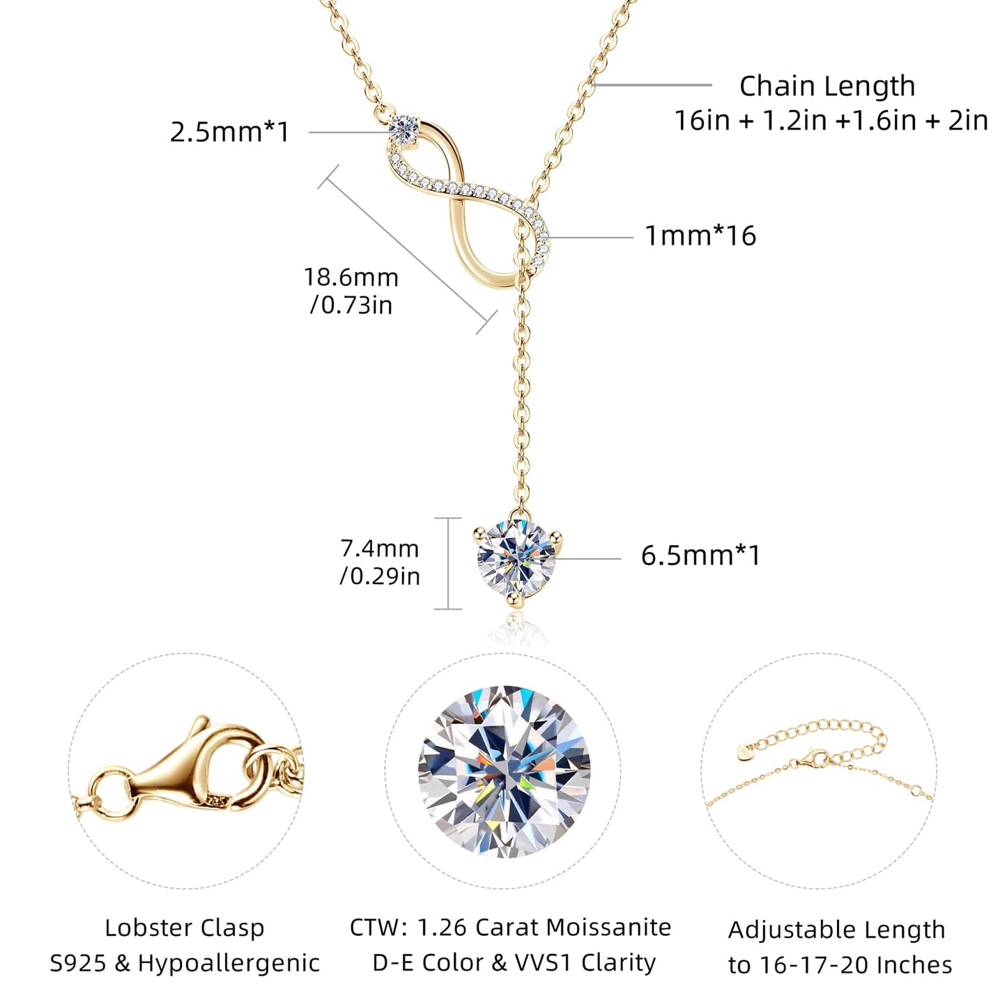 AINUOSHI Twist Infinity Y Necklace Moissanite Pendant Lariat Necklace For Women 925 Sterling Silver Dainty Drop Necklaces 1.26CT with Certificate of Authenticity D Color VVS1 Birthday Prom Anniversary Christmas Valentine's Day Gifts 16 to 20 Inch 14K Gold