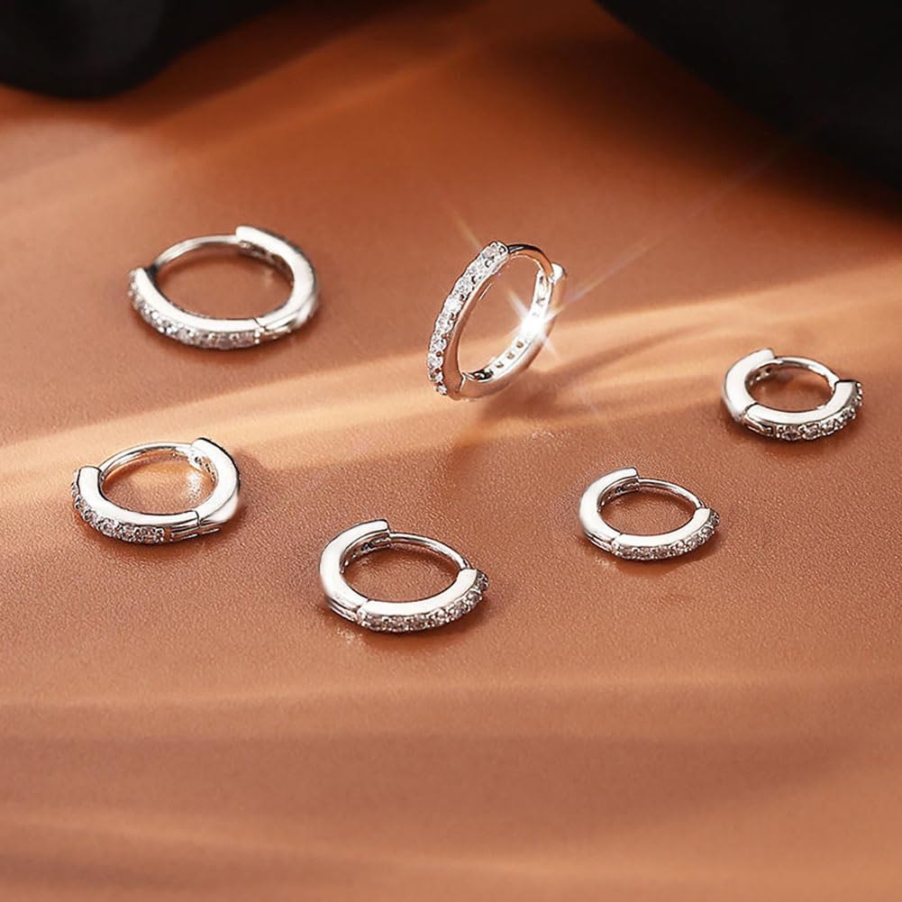 3Pairs Sterling Silver Hoop Earrings Set for Women Trendy Chunky Huggie Dainty Earring Jewelry for Women Teens (Silver - Diamond 3 Pairs)