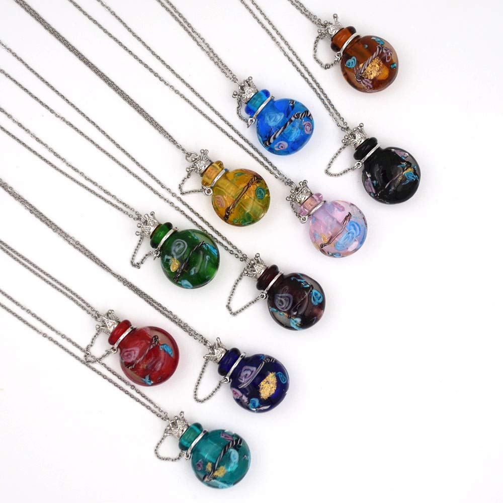 Stainless Steel Colored Glass Pendant Necklace Diffuser Perfume Pendant Aromatherapy Charms (Red)